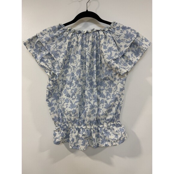 Philosophy Peasant Top Women’s Large  Flutter Sleeves Blue White Toile Floral - Picture 6 of 10